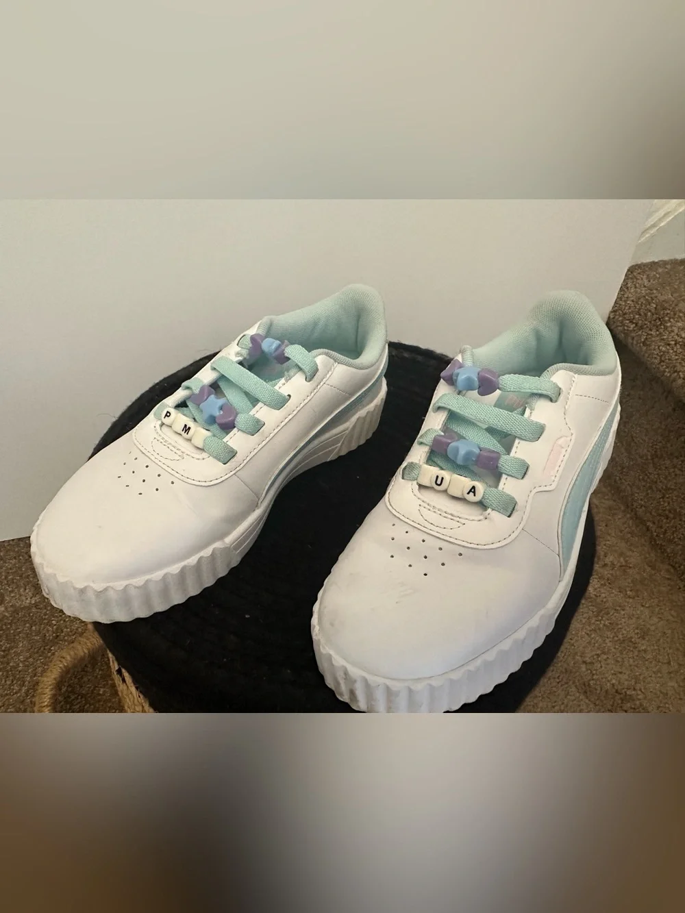 Puma White Kids Sneakers with Mint and Lavender Accents